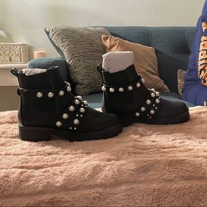 BP Black Ankle Booties with Pearl Embellishments